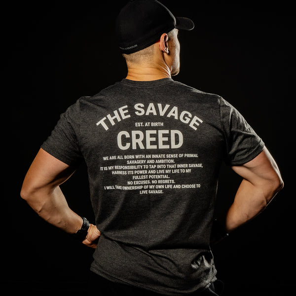 SAVAGE CREED (HEATHER CHARCOAL WITH WHITE INK T-SHIRT)
