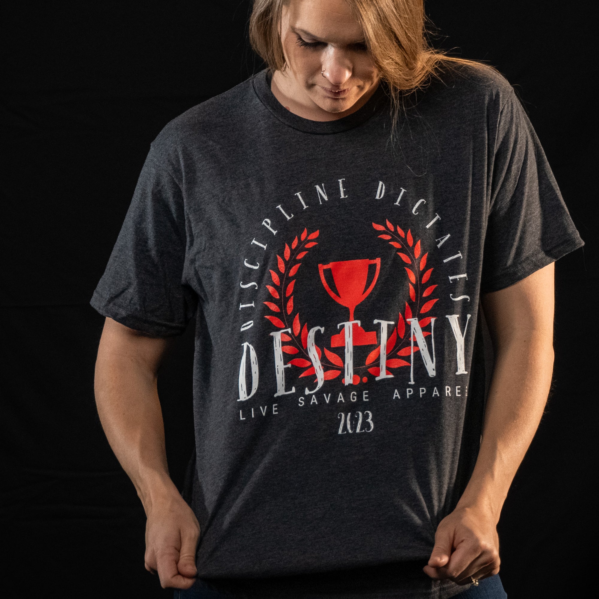 DISCIPLINE DICTATES DESTINY (FEMALE FONT)(CHARCOAL GREY T-SHIRT)