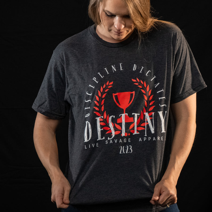 DISCIPLINE DICTATES DESTINY (FEMALE FONT)(CHARCOAL GREY T-SHIRT)