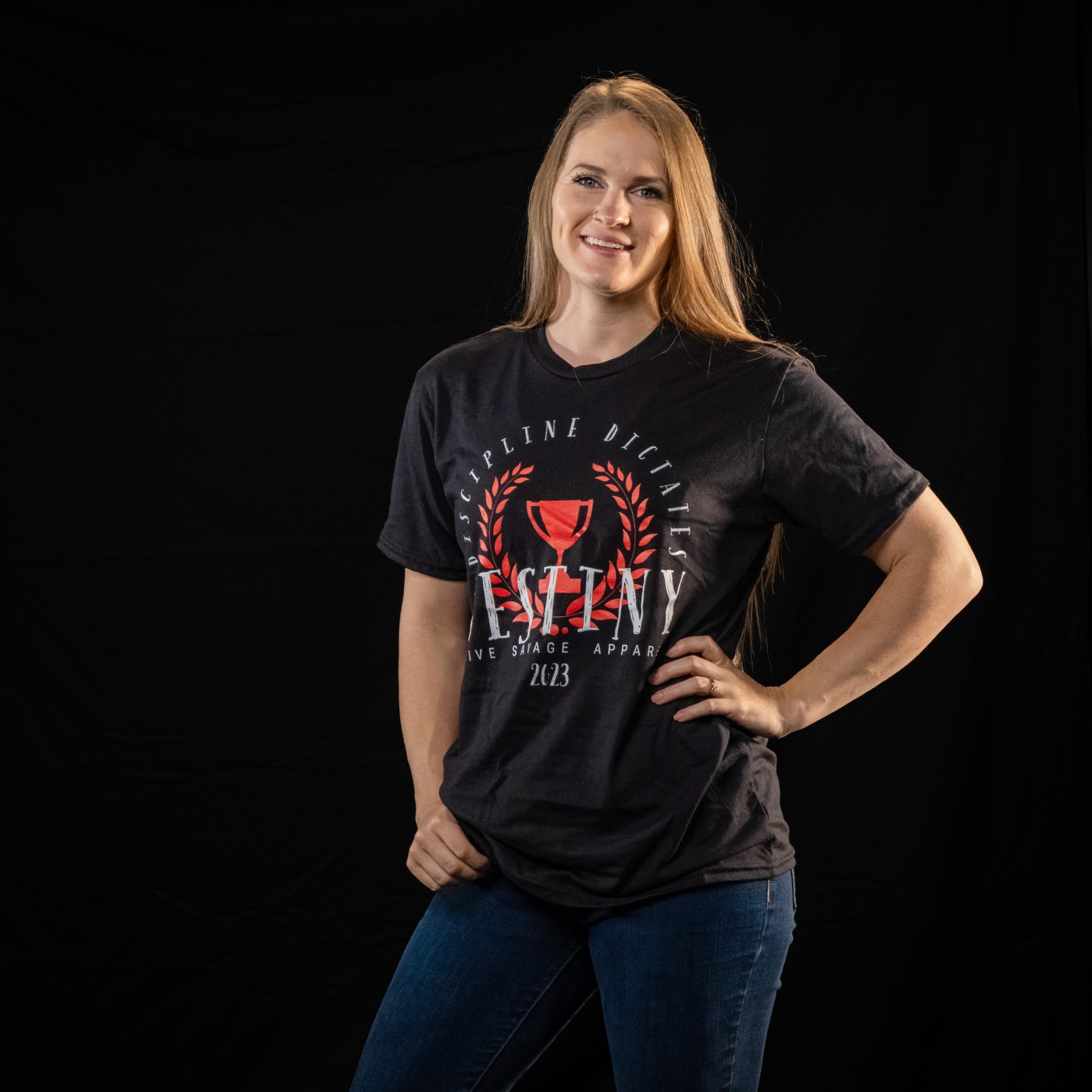 DISCIPLINE DICTATES DESTINY (FEMALE FONT) (BLACK T-SHIRT)