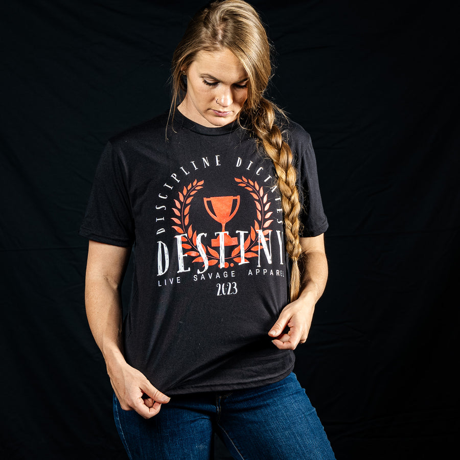 DISCIPLINE DICTATES DESTINY (FEMALE FONT) (BLACK T-SHIRT)