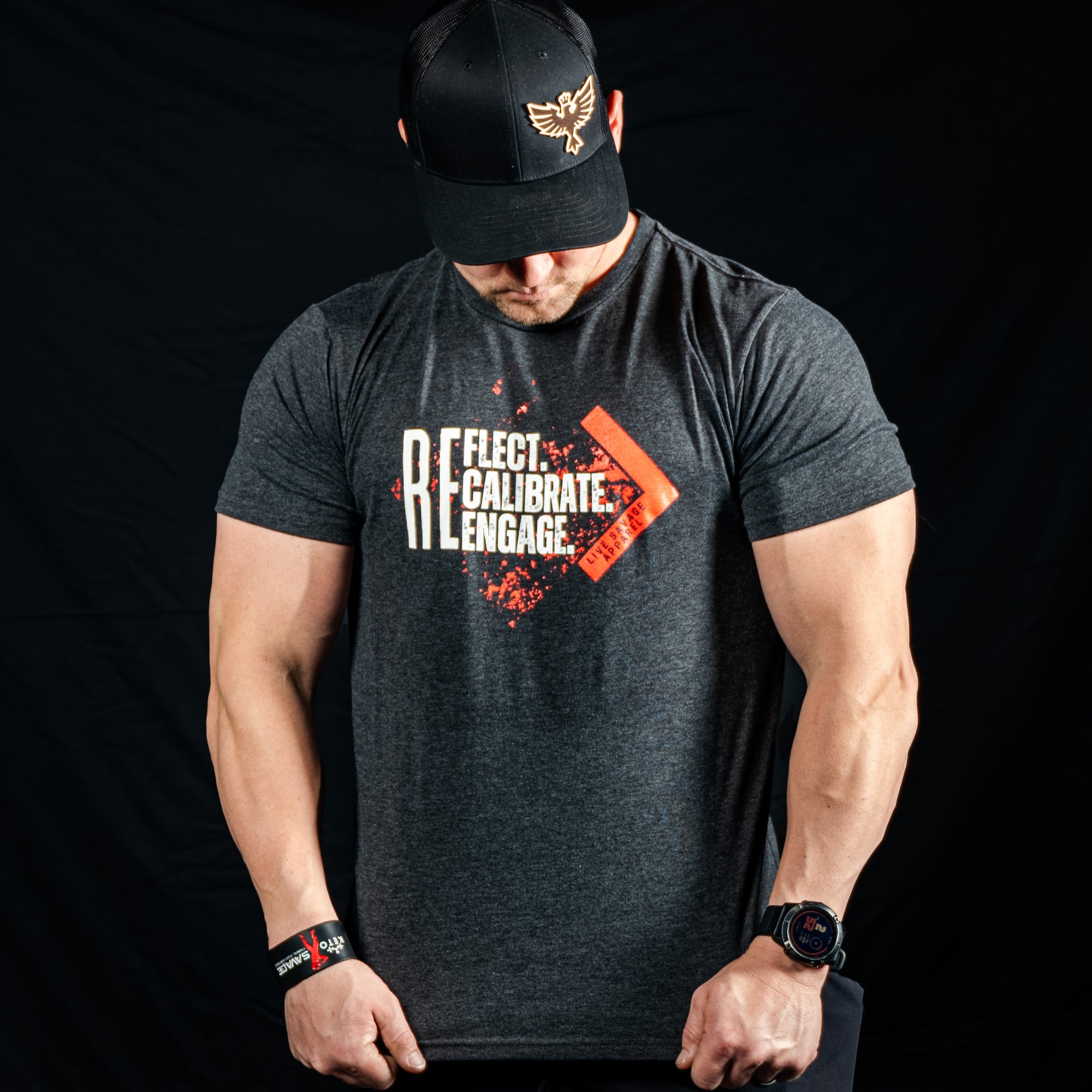 REFLECT, RECALIBRATE, RE-ENGAGE (CHARCOAL GREY T-SHIRT)