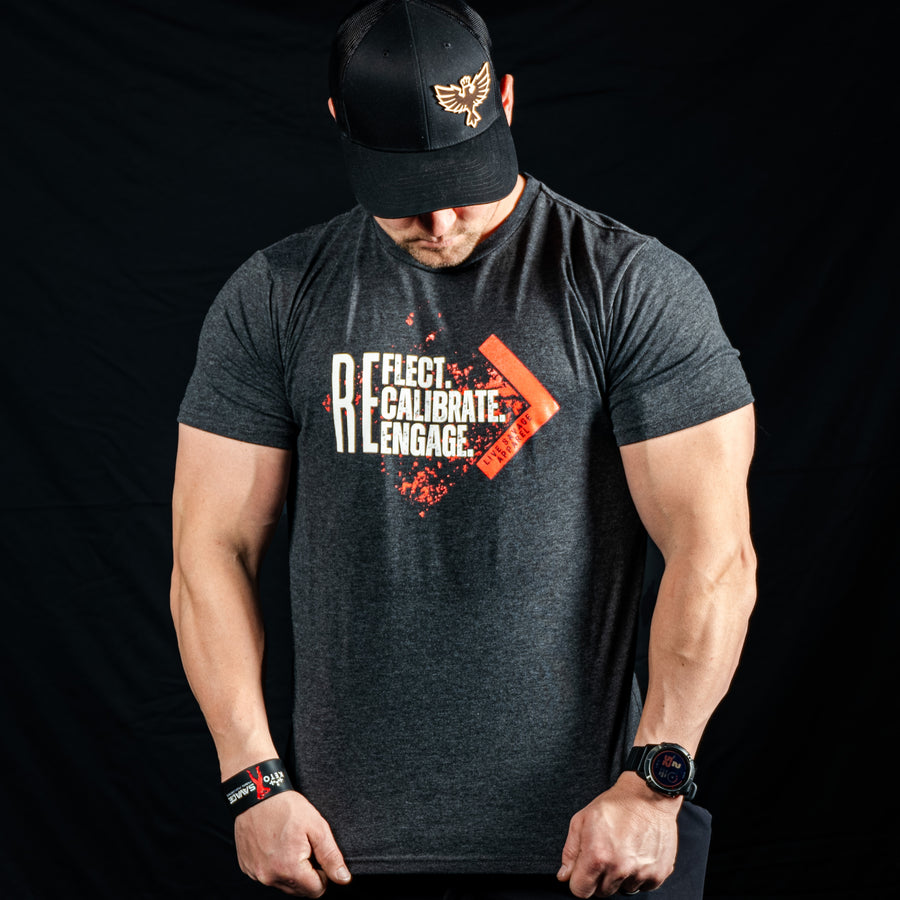 REFLECT, RECALIBRATE, RE-ENGAGE (CHARCOAL GREY T-SHIRT)